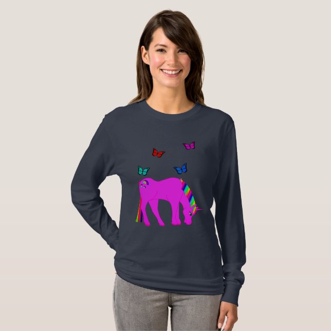 Purple Unicorn & Butterflies Ladies Long Sleeve T-Shirt (Front Full)