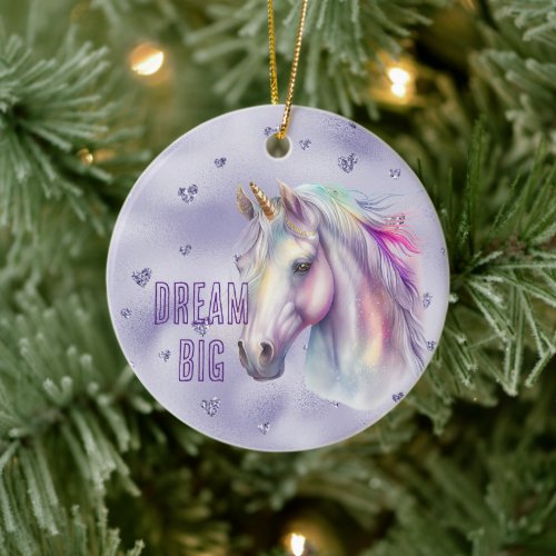 Purple Unicorn Dream Glitter Hearts Ceramic Ornament