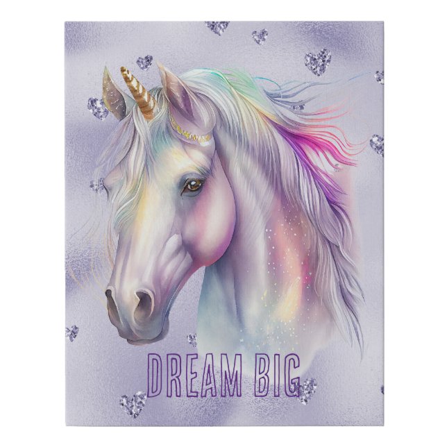 Purple Unicorn Dream Glitter Hearts Faux Canvas Print (Front)