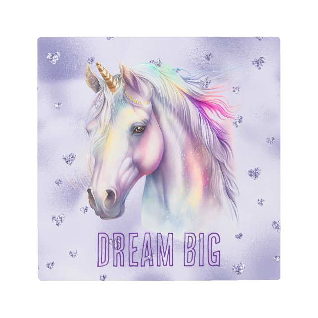 Purple Unicorn Dream Glitter Hearts Metal Print (Front)