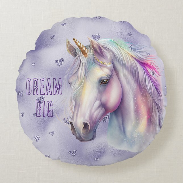 Purple Unicorn Dream Glitter Hearts Round Pillow (Front)