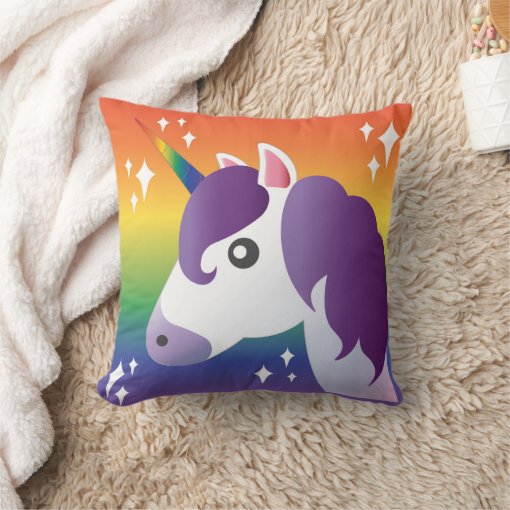 Purple Unicorn Emoji Sparkle with Rainbow Pillow Zazzle