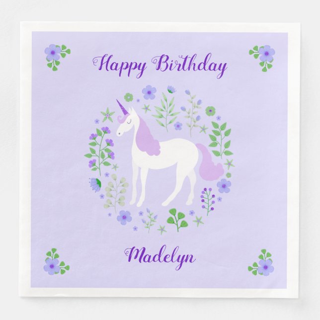 Purple Unicorn Faux Purple Glitter Birthday Paper Dinner Napkins (Front)