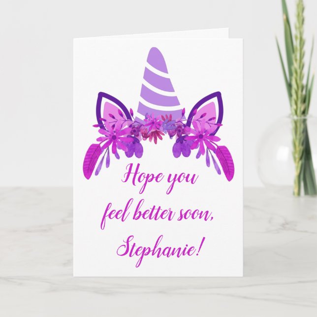 Purple Unicorn Floral Custom Get Well Card (Front)