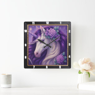 Purple Unicorn Floral Fantasy Square Wall Clock