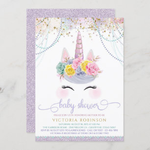 Purple Unicorn Girl Baby Shower Invitation