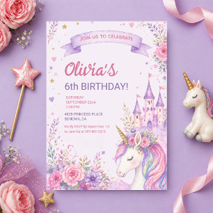 Purple Unicorn Girls 6th Birthday Invitation