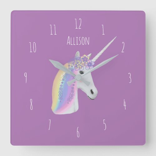 Purple Unicorn Girls Bedroom Personalized  Square Wall Clock
