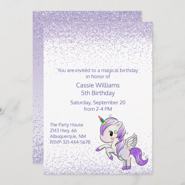 Purple Unicorn Girls Birthday Party Invitation (Front/Back)