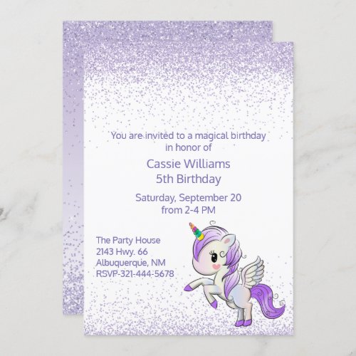 Purple Unicorn Girls Birthday Party Invitation