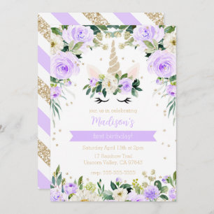 Purple Unicorn Girly Birthday Invitation