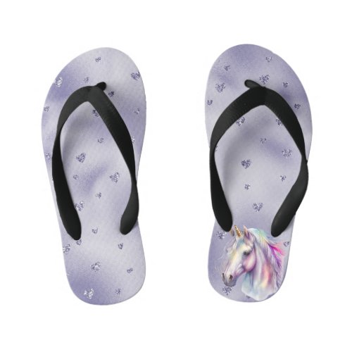 Purple Unicorn Glitter Hearts Kids Flip Flops