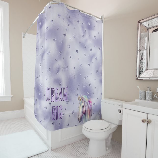 Purple Unicorn Glitter Hearts Shower Curtain (In Situ)