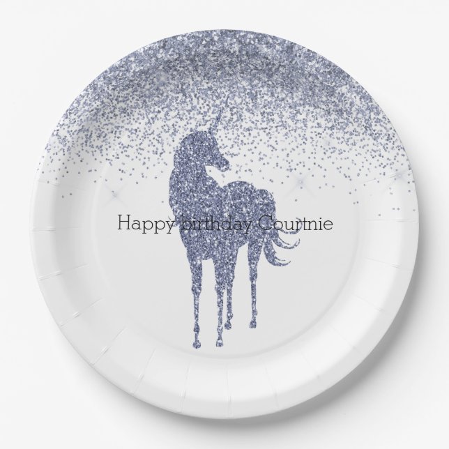 Purple Unicorn Glitter personalized Paper Plates (Front)