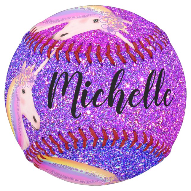 Purple Unicorn Glitter Sparkle Girl's Personalized Softball (Back)