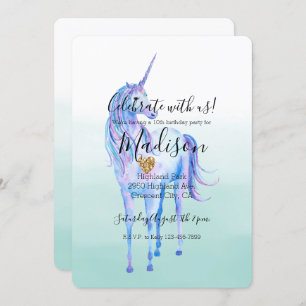 Purple Unicorn Gold Glitter Heart Mint Watercolor Invitation