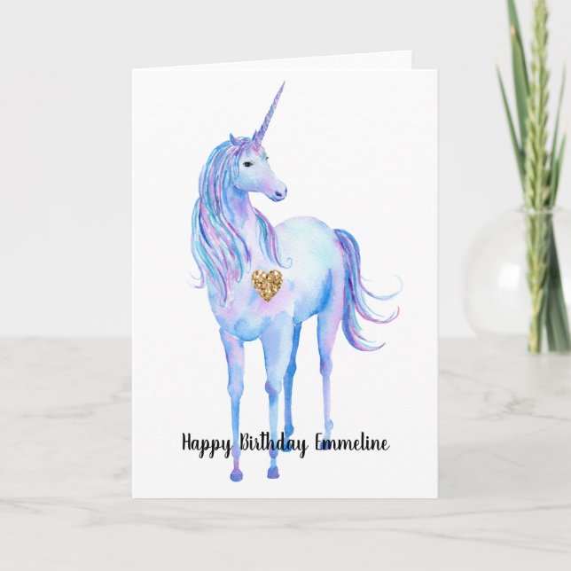 Purple Unicorn Gold Glitter Heart personalized Card (Front)