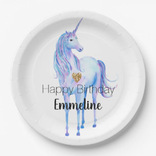 Purple Unicorn Gold Glitter Heart personalized Paper Plates