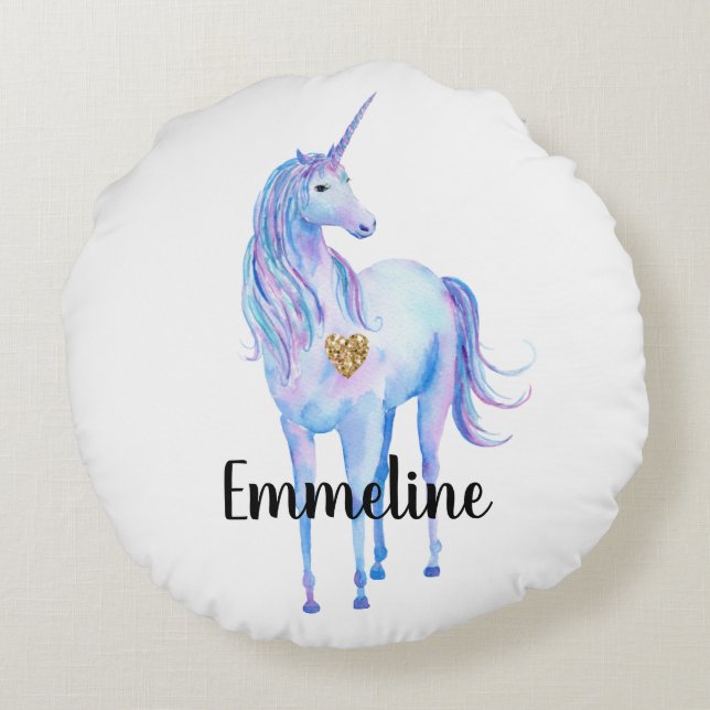 Purple Unicorn Gold Glitter Heart Round Pillow (Back)