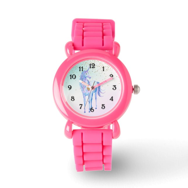 Purple Unicorn Gold Glitter Heart Watch (Front)