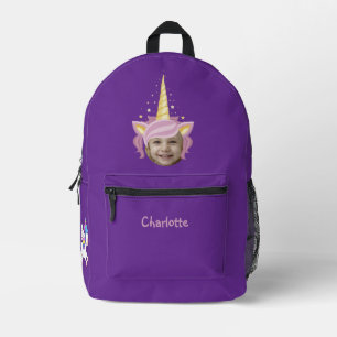 Purple Unicorn Hat Photo Named Back to School Printed Backpack