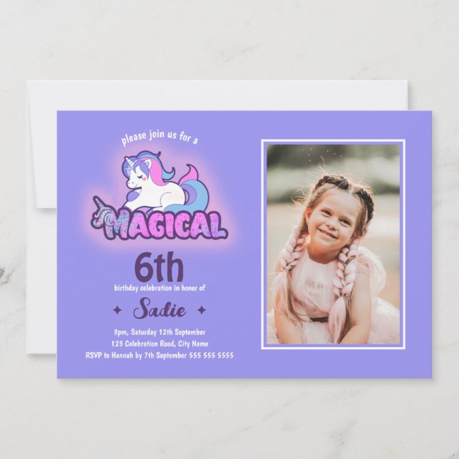 Purple Unicorn Magical Any Age 6th Birthday Photo Invitation (Front)