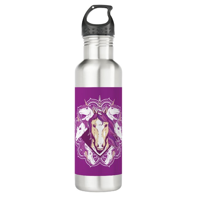 Purple Unicorn Mandala Stainless Steel Water Bottle (Front)