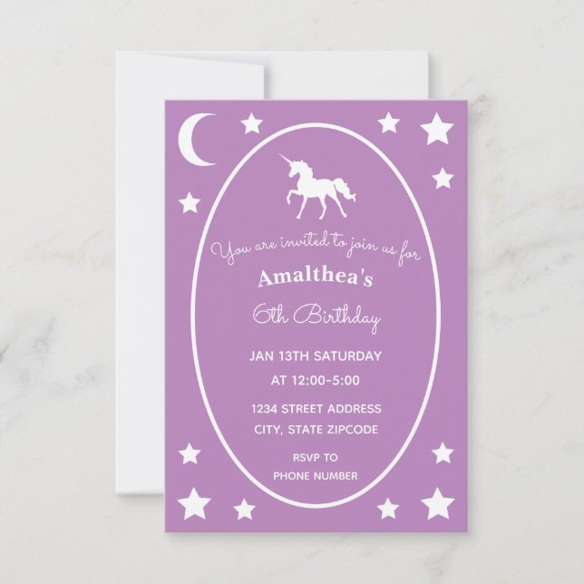 Purple Unicorn Moon And Stars Invitation (Front)