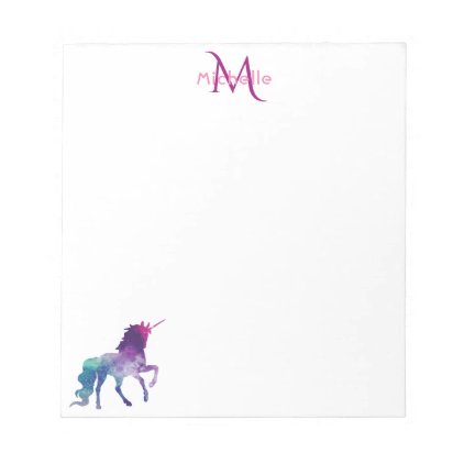 Purple unicorn on white monogrammed notepad