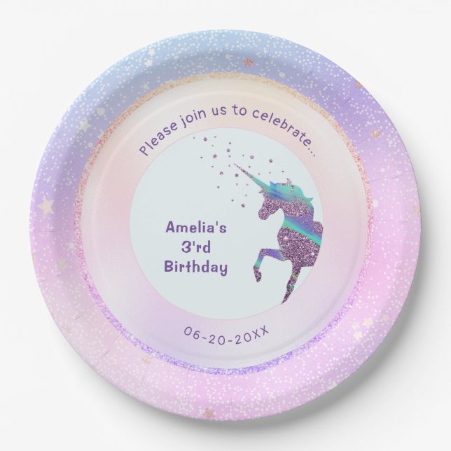 Purple Unicorn Pastel Holographic Starry Galaxy Paper Plates (Front)