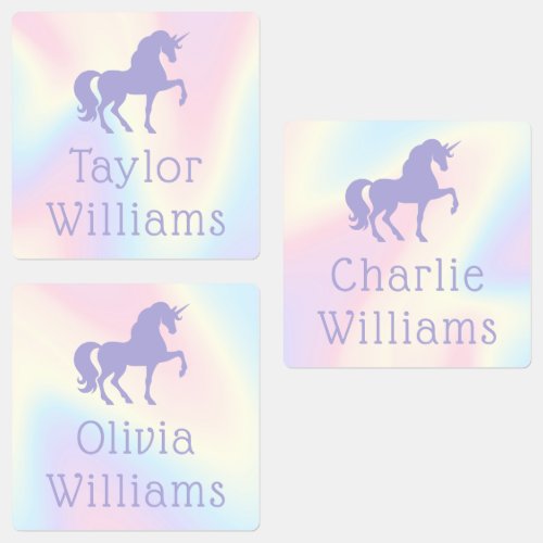 Purple unicorn pastel rainbow kids adhesive name labels