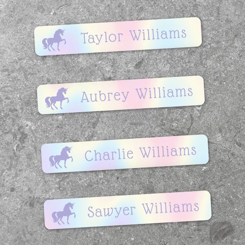 Purple unicorn pastel rainbow kids waterproof name labels