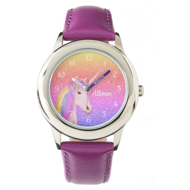 Purple Unicorn Rainbow Glitter Personalized Watch (Front)