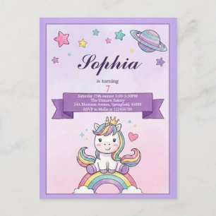 Purple Unicorn Rainbow Kids Birthday Invitation    Postcard