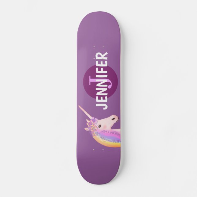 Purple Unicorn Rainbow Personalized Monogram Girls Skateboard (Front)