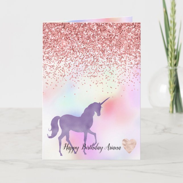 Purple Unicorn Rainbow Pink Glitter Sparkle Heart Card (Front)