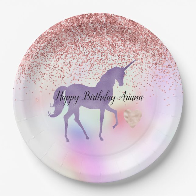 Purple Unicorn Rainbow Pink Glitter Sparkle Heart  Paper Plates (Front)