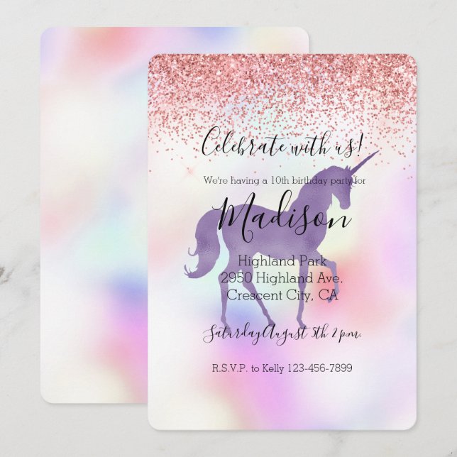 Purple Unicorn Rainbow Pink Glitter Sparkle Invitation (Front/Back)