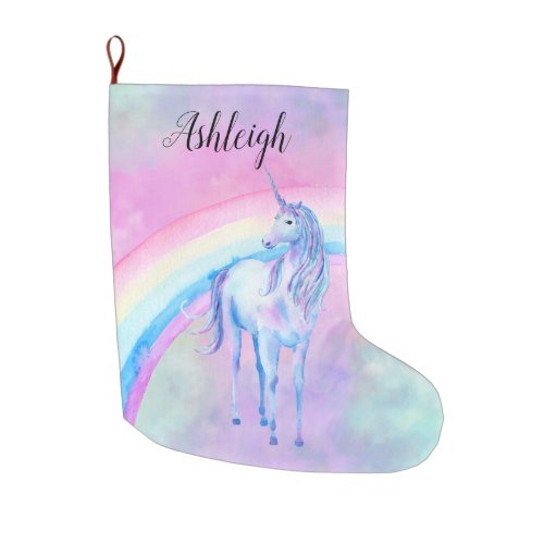 Purple Unicorn Rainbow Watercolor Name Large Christmas Stocking