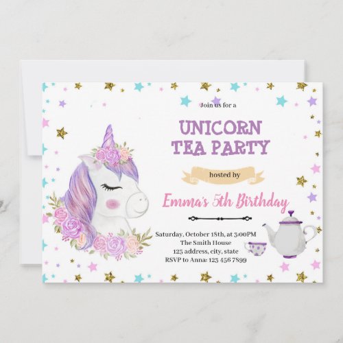 Purple unicorn tea birthday invitation