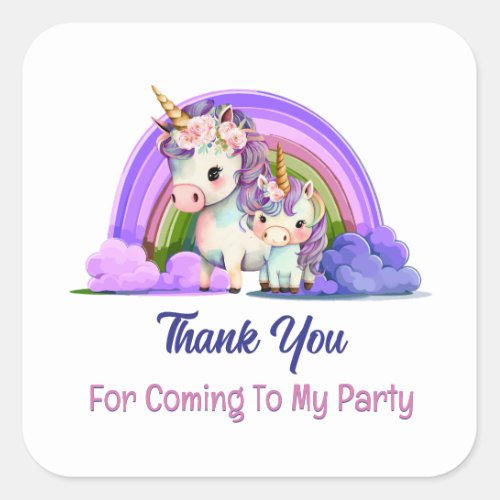 Purple Unicorn Thank You Square Sticker