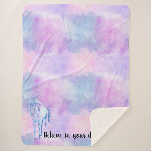 Purple Unicorn Watercolor Believe Sherpa Blanket (Front)