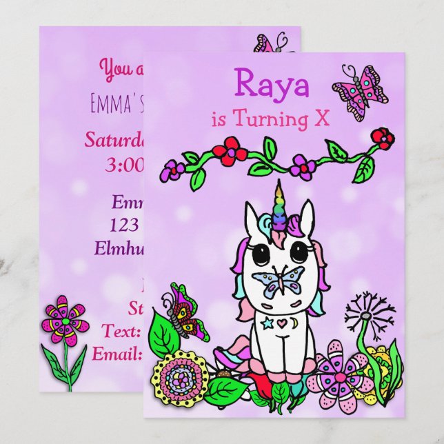 Purple Unicorn Whimsical Birthday Invitation (Front/Back)