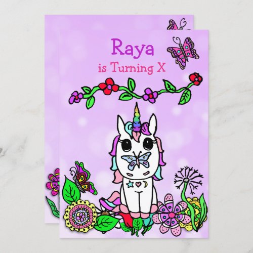 Purple Unicorn Whimsical Birthday Invitation