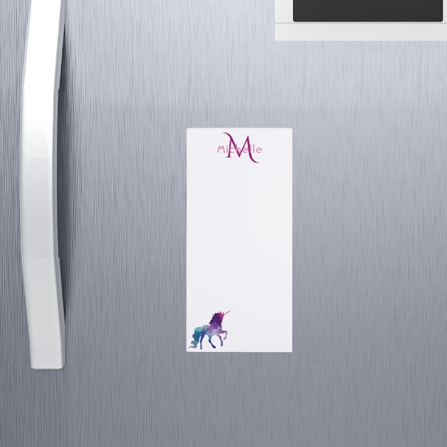 Purple unicorn white pink monogrammed girly magnetic notepad (Creator Uploaded)