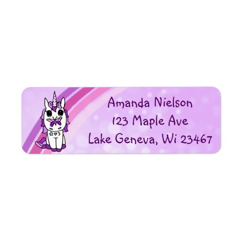 Purple Unicorn with Butterfly on Nose Rainbow Label