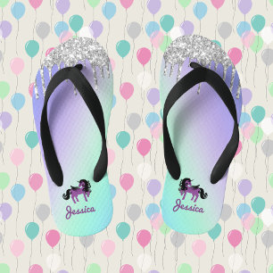 Purple Unicorn with Glitter on Teal and Purple Kid's Flip Flops