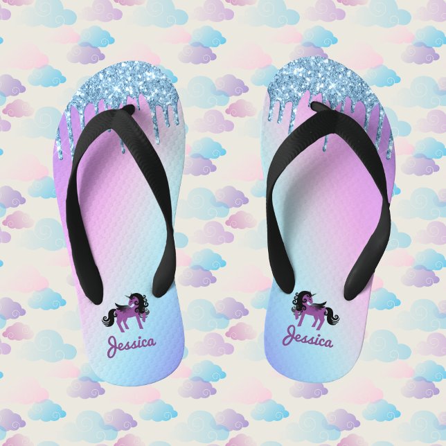 Purple Unicorn with Pastel Rainbow Glitter Kid's Flip Flops (Creator Uploaded)