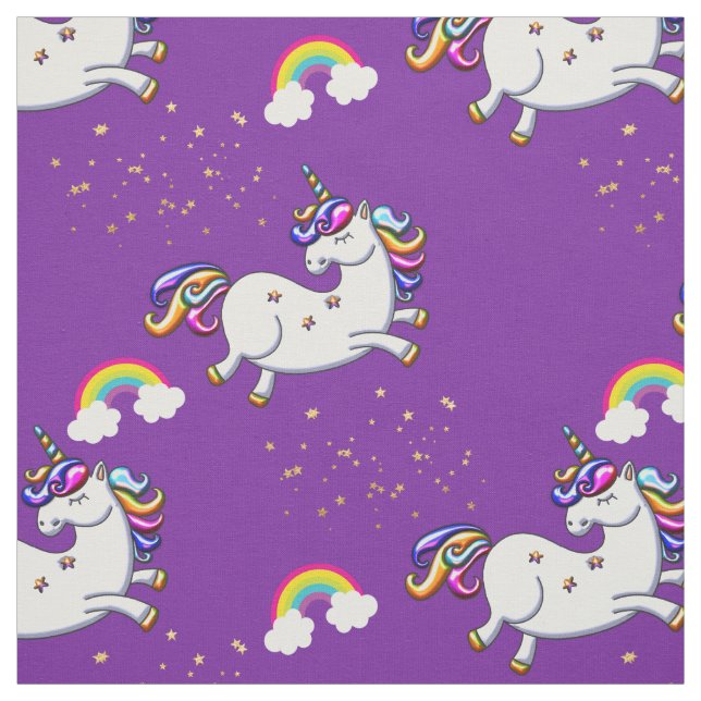 Purple Unicorns Gold Stars and Rainbow Fabric (Swatch)
