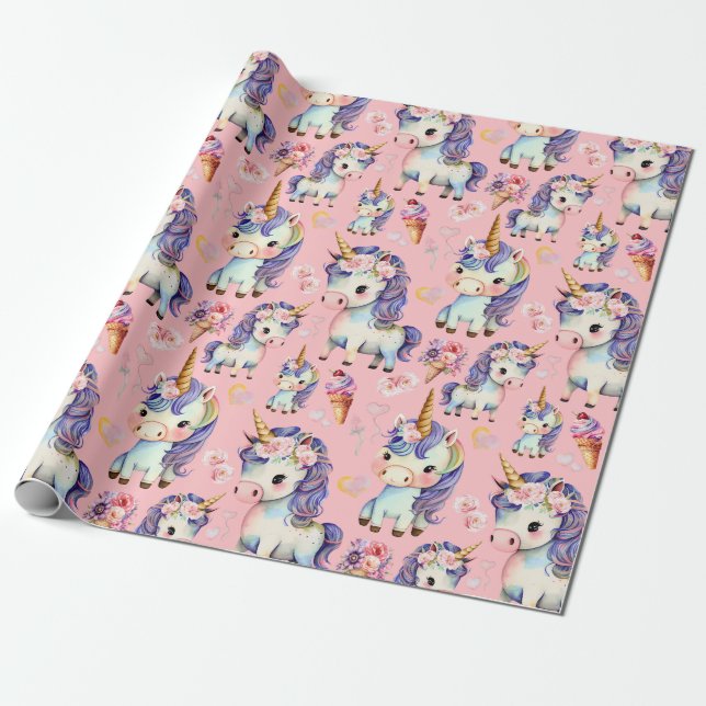 Purple Unicorns Wrapping Paper (Unrolled)